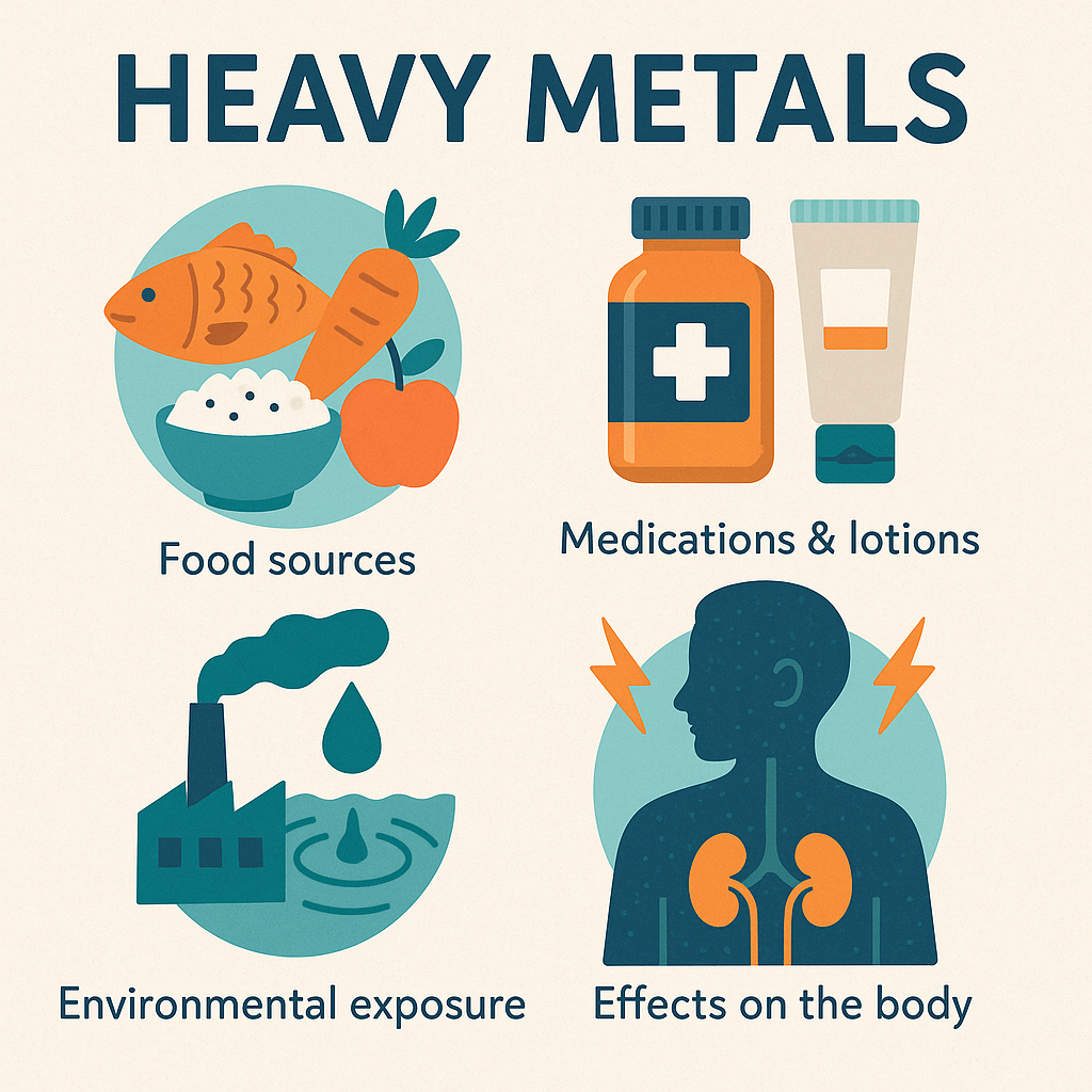 Infographic showing four sources and effects of heavy metal exposure, heavy metals and health: food sources (fish, rice, vegetables), medications and lotions, environmental exposure from factories, and negative effects on the human body, including the brain and kidneys.