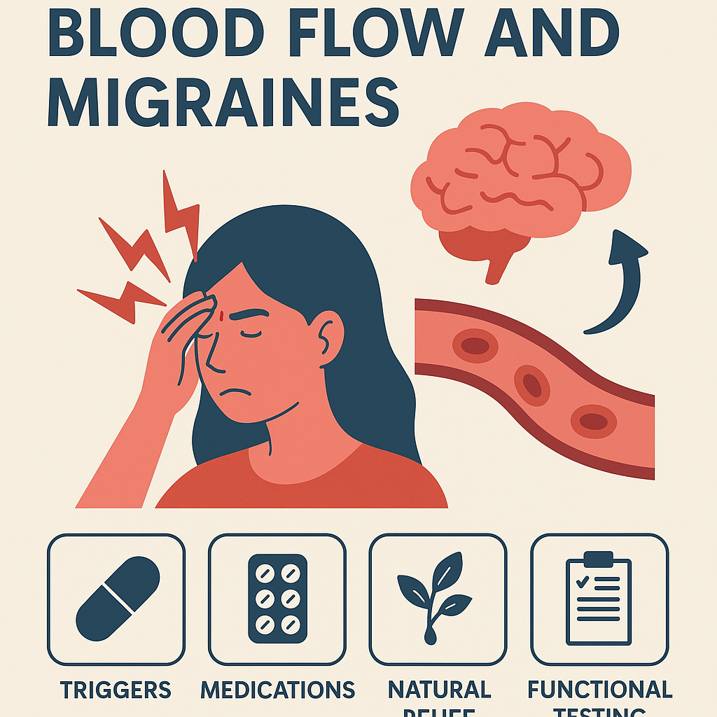 A lady with her hand on her head touching her migraines with 4 field boxes below showing common triggers.