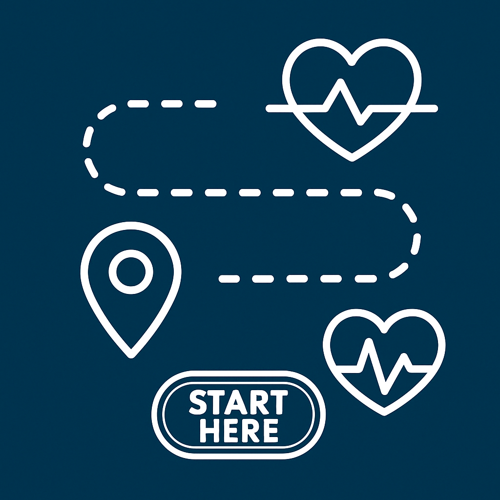 A dark teal graphic showing a white outlined path that starts at a "Start Here" button, travels past a location pin, and ends at a heart with an ECG line—symbolizing the beginning of a holistic health journey. Designed for the podcast episode "How to Start Your Health Journey: Holistic Tools, Supplements & Strategies That Actually Work."